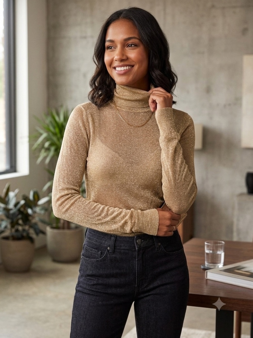 Zara Knit Metallic Gold Turtleneck Sweater - Women's